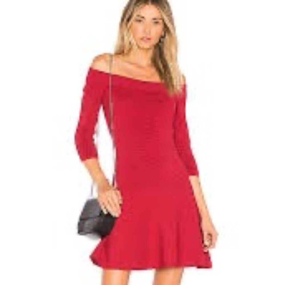 Cupcakes and Cashmere Whitley Dress Flounce Ribbed Off Shoulder Crimson Red Sz L
